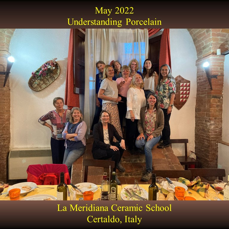 Antoinette Badenhorst presented an Understanding porcelain workshop at LaMeridiana in Certaldo, Firenze, Italy in May 2022. Potters learned how to use the Diva of clay (porcelain) for the wheel throwing and hand building clay projects that were included in the hands-on class.
