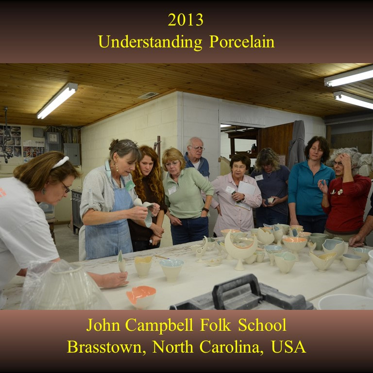 Antoinette Badenhorst presented an Understanding porcelain workshop at John Campbell Folk School in Brasstown, North Carolina in 2013. Potters learned how to use the Diva of clay (porcelain) for wheel throwing and hand building clay projects that were included in the hands-on class.