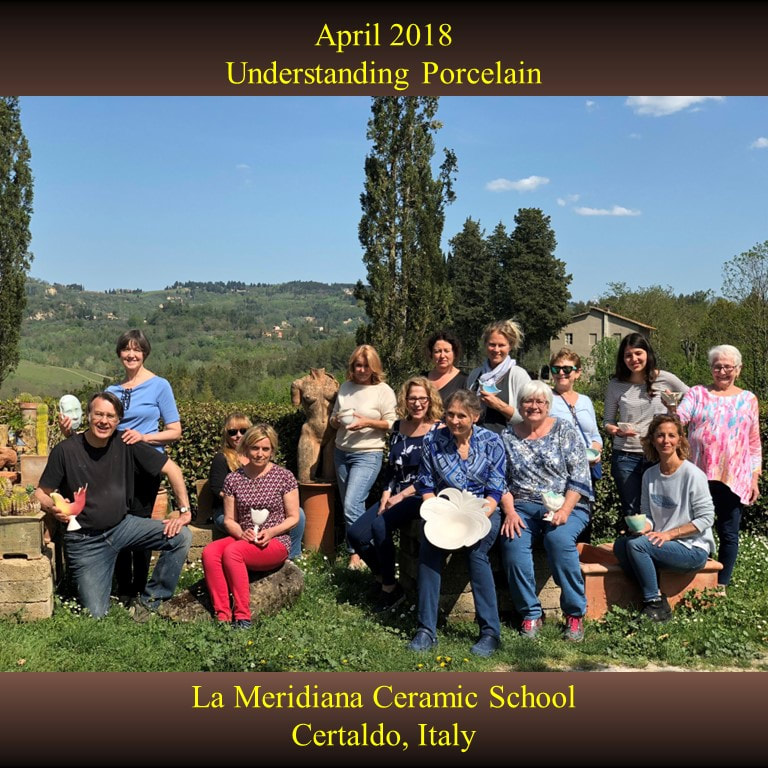 Antoinette Badenhorst presented an Understanding porcelain workshop at LaMeridiana in Certaldo, Firenze, Italy in April 2018. Potters learned how to use porcelain, the Diva of clay. Wheel throwing and hand building clay projects were included in the pottery class.