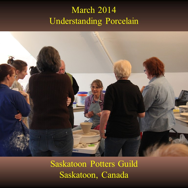 Antoinette Badenhorst presented an Understanding porcelain workshop at the Saskatoon Potters Guild in Saskatoon, Saskatchewan, Canada in March 2014. Wheel throwing and hand building clay projects were included in the hands-on class.