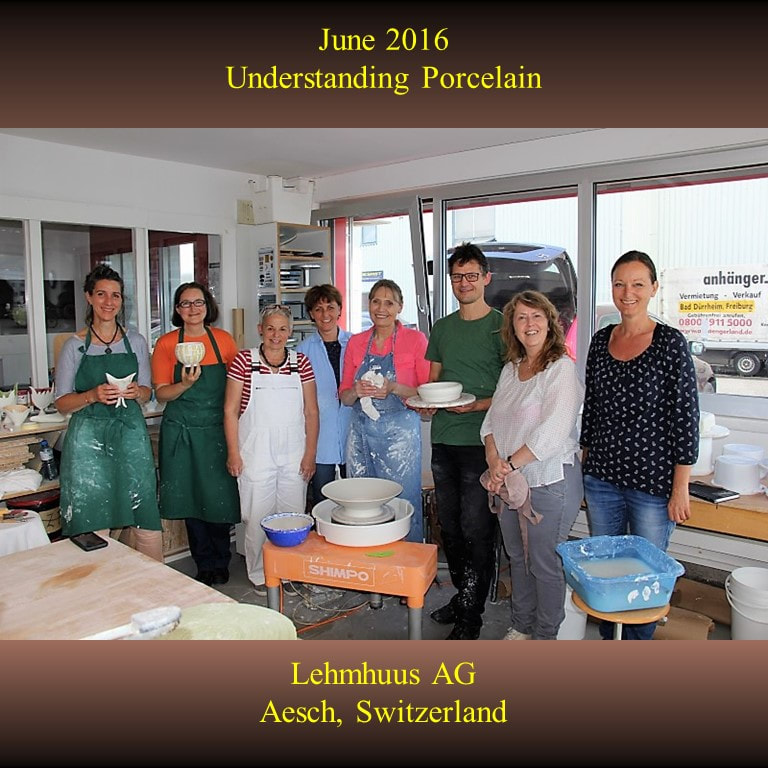 Antoinette Badenhorst presented an Understanding porcelain workshop at Lehmhuus AG in Aesch, Switzerland in June 2016. Lehmhuus is close to Basel and one of the greatest pottery suppliers in Europe. Wheel throwing and handbuilding clay projects were included in the hands-on class.