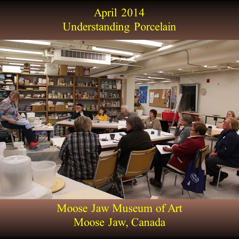 Antoinette Badenhorst presented an Understanding porcelain workshop at the Moose Jaw Museum of Art to the Potters Guild in Moose Jaw, Canada in April 2014. Wheel throwing and hand building clay projects were included in the hands-on class.