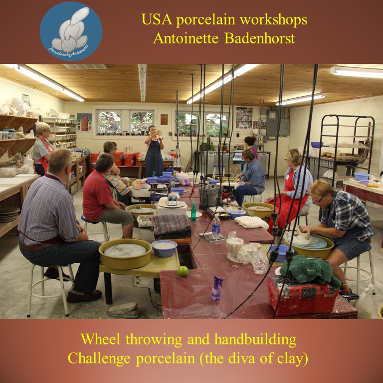 Antoinette Badenhorst shows potters how to throw and hand build with porcelain clay. John Campbell Folk School in Brasstown North Carolina.